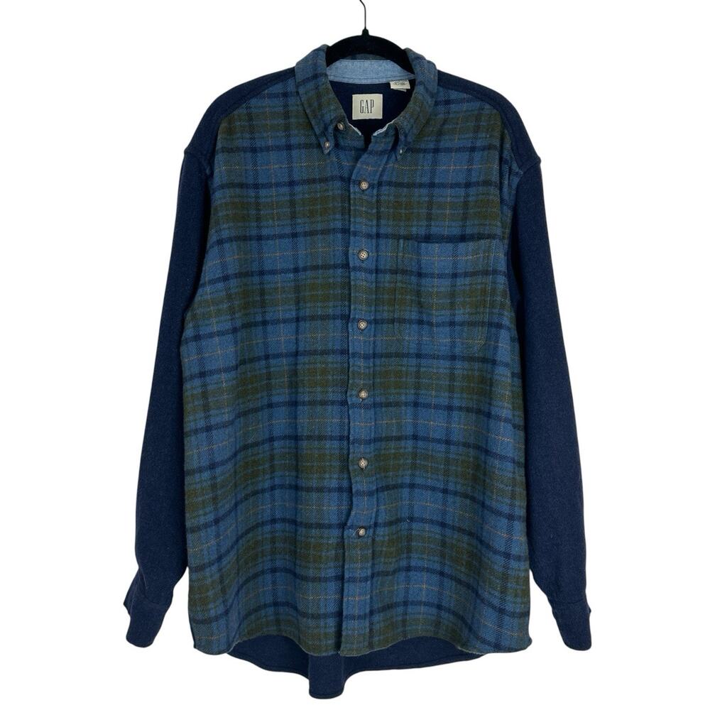 Vintage Gap Shirt Mens Large Blue Plaid Front Wool Blend Flannel 90s Grunge